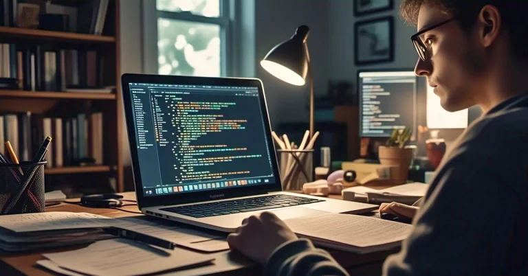 شخص مركّز يجلس على مكتب ويعمل على موقع GITHUB على جهاز كمبيوتر محمول في غرفة مظلمة، مع شاشة ذات إضاءة خلفية وأوراق متناثرة، مما يخلق جوًا دراسيًا.