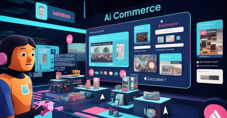 شخصية كرتونية تقف في متجر تجاري مستقبلي يعمل بالذكاء الاصطناعي، مزود بشاشات رقمية وعروض منتجات. يعكس المشهد أجواءً تقنيةً مبتكرةً للذكاء الاصطناعي في التجارة الإلكترونية.