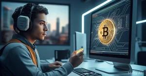 يجلس شخص يرتدي سماعات رأس على مكتب، ممسكًا بعملة بيتكوين، ويتصفح منصة باينانس على شاشة حاسوبه. الغرفة عصرية، تتلألأ فيها صورة رقمية لعملة بيتكوين بجانب منظر المدينة الظاهر من خلال النافذة.