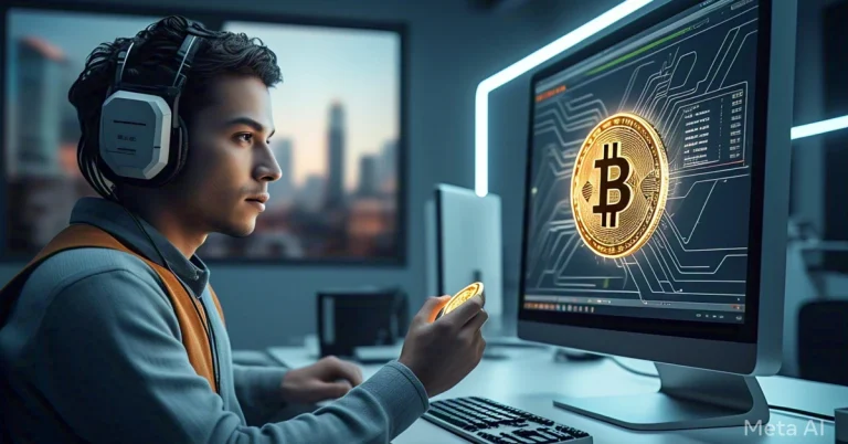 يجلس شخص يرتدي سماعات رأس على مكتب، ممسكًا بعملة بيتكوين، ويتصفح منصة باينانس على شاشة حاسوبه. الغرفة عصرية، تتلألأ فيها صورة رقمية لعملة بيتكوين بجانب منظر المدينة الظاهر من خلال النافذة.