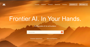 سلسلة جبال بلون غروب الشمس مع نص "Frontier AI. بين يديك." و"ذكاء اصطناعي قابل للتخصيص لجميع البناة." أزرار للدردشة، وواجهة برمجة التطبيقات، ومبيعات موقع mistral ai الإلكتروني.
