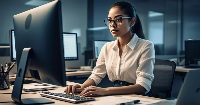 مهندس برمجيات ترتدي بلوزة بيضاء ونظارات، تجلس على مكتبها، مُركزةً على حاسوبها. أجواء المكتب عصرية وواسعة، تُضفي جوًا احترافيًا.