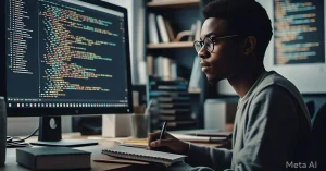 يركز الشخص الذي يرتدي النظارات بشدة على كتابة كود لغة بايثون على شاشة الكمبيوتر، بينما يأخذ ملاحظات على مكتب في بيئة مكتب حديثة.