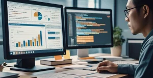 شخص منغمس في العمل على مكتب مزود بشاشتين تعرضان مخططات بيانات تحسين محركات البحث (SEO) والبرمجة. تعرض الشاشة اليسرى رسومًا بيانية ومخططات دائرية، بينما تعرض الشاشة اليمنى أسطرًا من الأكواد البرمجية. الأوراق ولوازم المكتب متناثرة على المكتب في بيئة مشمسة.