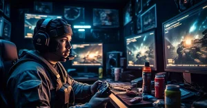 لاعبٌ مُركّز يرتدي سماعة رأس، يلعب لعبة Call of Duty Warzone على شاشات متعددة تعرض لعبة قتال في غرفة خافتة الإضاءة. مشروبات الطاقة والوجبات الخفيفة متناثرة على المكتب.