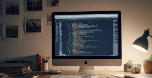 يعرض الكمبيوتر المكتبي برنامج vscode على شاشة مظلمة، محاطًا بمساحة عمل مرتبة مع مصباح وكتب وصور على الحائط، مما ينقل الإبداع.