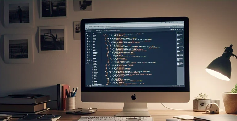 يعرض الكمبيوتر المكتبي برنامج vscode على شاشة مظلمة، محاطًا بمساحة عمل مرتبة مع مصباح وكتب وصور على الحائط، مما ينقل الإبداع.