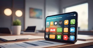 جهاز لوحي معروض على شاشته أيقونات تطبيقات هواتف ملونة، موضوع على طاولة خشبية في مكتب عصري. تتميز الخلفية بإضاءة خافتة، ومصباحين دائريين ضبابيين، ومستند على الطاولة، ولوحة فنية على الحائط.