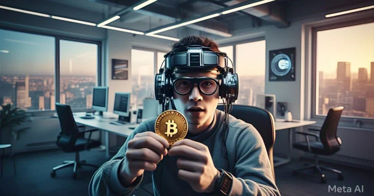 في مكتب عصري أنيق يطل على مناظر المدينة، يقف شخص يرتدي نظارات الواقع الافتراضي مذهولاً، ممسكاً بعملة بيتكوين. يعكس المشهد، المزين بالمكاتب والشاشات، الصعود الديناميكي للعملات المشفرة في عالمنا الرقمي اليوم.