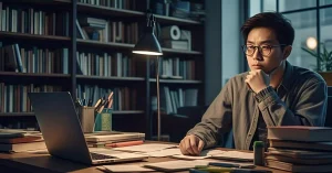 يجلس شخص يرتدي نظارة على مكتب في مكتبة، يتصفح الإنترنت بتفكير على حاسوبه المحمول. المكتب مليء بالكتب والأوراق. يُلقي مصباح ضوءًا دافئًا على المشهد، بينما تقف خزانة كتب كبيرة بفخر في الخلفية.