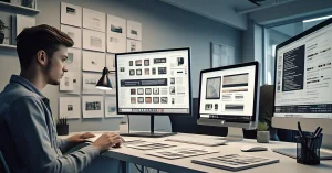 مصمم UI/UX مستخدم يعمل على مكتب عصري بثلاث شاشات كمبيوتر تعرض مشاريع تصميمية. الغرفة مضاءة بإضاءة خافتة، تعكس التركيز والإبداع.