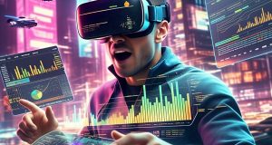 يتفاعل شخص يرتدي سماعة رأس للواقع الافتراضي مع رسوم بيانية عائمة افتراضية وتصورات بيانات في مشهد حضري مستقبلي. المشهد نابض بالحياة وديناميكي، مع رسوم بيانية تعرض رسومًا بيانية ملونة على شكل أشرطة وخطوط.