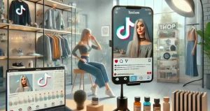 تصوير واقعي لمتجر تيك توك في عام 2025. يُظهر المشهد مساحة عمل أنيقة وحديثة حيث يعرض مؤثر شاب منتجات أمام