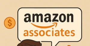 تظهر فقاعة كلامية تحتوي على شعار Amazon Associates ورمز علامة الدولار البارز على خلفية فاتحة، ترمز إلى الأرباح المحتملة من خلال التسويق بالعمولة.