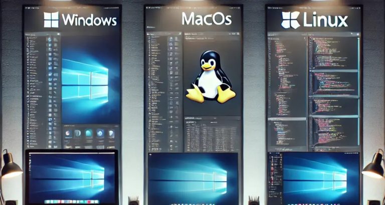 مشهد مقارنة حديث وواقعي بصريًا يُظهر أنظمة تشغيل Windows وmacOS وLinux جنبًا إلى جنب. ثلاثة إعدادات حاسوب أنيقة مُجهزة.