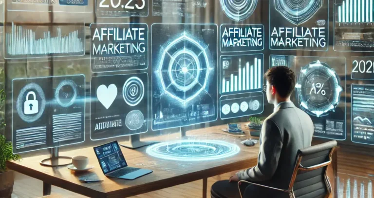 تصوير واقعي للتسويق بالعمولة في عام 2025. يتضمن المشهد رجل أعمال شاب يعمل عن بُعد من مكان عمل عصري وأنيق.