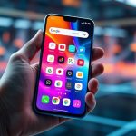 يد تحمل هاتفًا ذكيًا يعرض شاشة رئيسية ملونة تحتوي على أيقونات تطبيقات مختلفة، على خلفية حديثة ضبابية.