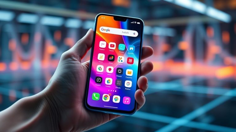 يد تحمل هاتفًا ذكيًا يعرض شاشة رئيسية ملونة تحتوي على أيقونات تطبيقات مختلفة، على خلفية حديثة ضبابية.