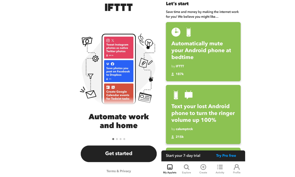 لقطة شاشة لتطبيق IFTTT تعرض ميزات الأتمتة مثل كتم صوت هواتف Android عند وقت النوم وحفظ صور Facebook على Dropbox.