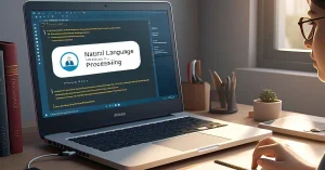 1. امرأة تركز على جهاز الكمبيوتر المحمول الخاص بها الذي يعرض شعار Word Cloud، وهي منخرطة في عملها في بيئة مكتب مشرقة وحديثة.