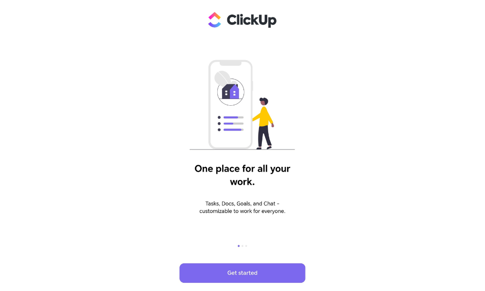 شاشة ترحيب ClickUp مع رسم توضيحي للهاتف، ونص ينص على "مكان واحد لجميع أعمالك"، وزر "البدء" باللون الأرجواني في الأسفل.