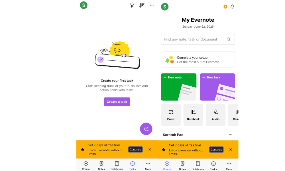 لقطة شاشة لواجهة تطبيق Evernote، تُطالب المستخدمين بإنشاء مهمتهم الأولى وإكمال الإعداد. تتضمن خيارات المهام والملاحظات.