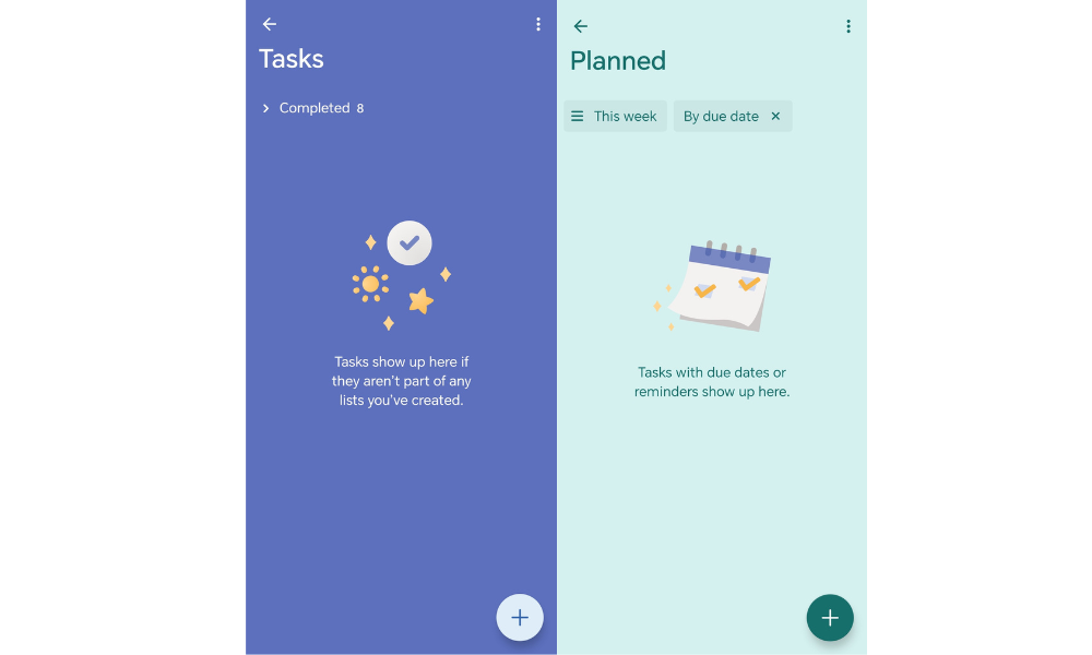 Split-screen mobile interface showing 'Tasks' with a completed status and 'Planned' section for tasks with due dates and reminders.