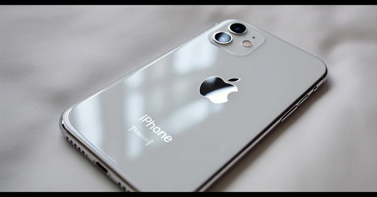صورة مقربة لهاتف آيفون فضي اللون على قماش ناعم فاتح اللون. شعار Apple بارز، مع كاميرتين مرئيتين. تصميم أنيق وعصري.