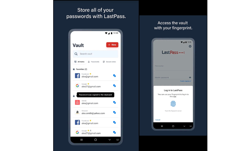 تُظهر الصورة واجهة تطبيق LastPass لتخزين كلمات المرور، مع وجود خزنة وخيار تسجيل الدخول ببصمة الإصبع للأمان.