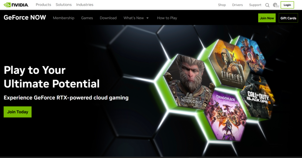 الصفحة الرئيسية لـ GeForce NOW، خلفية سوداء مع رسومات ألعاب بأشكال سداسية متوهجة. نص: "العب بأقصى إمكانياتك". يُبرز ألعاب GeForce RTX السحابية. الألعاب السحابية.