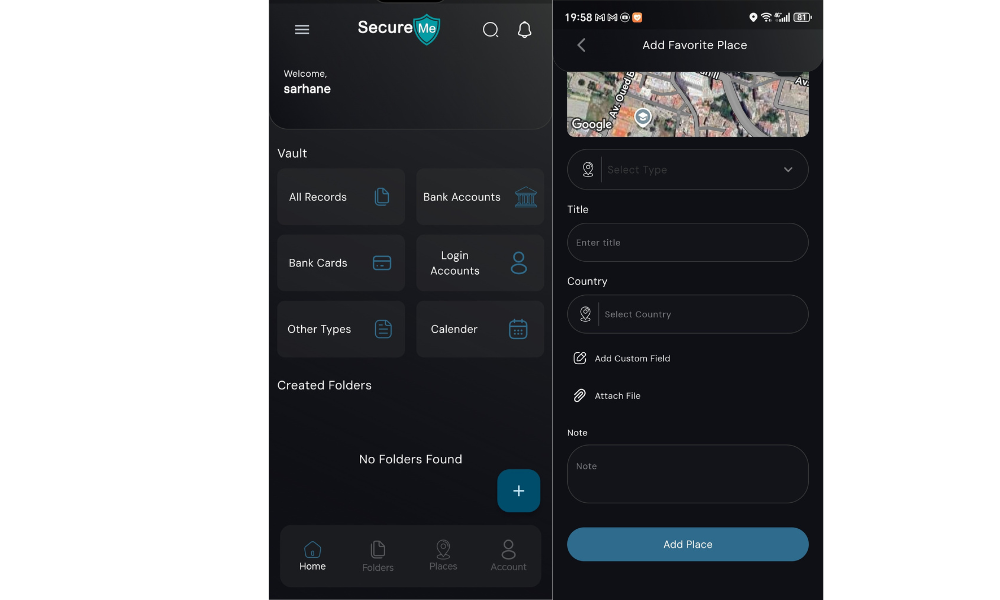 لقطة شاشة لتطبيق SecureMe تُظهر واجهة مستخدم لإدارة السجلات وإضافة مكان مفضل مع تفاصيل الموقع.