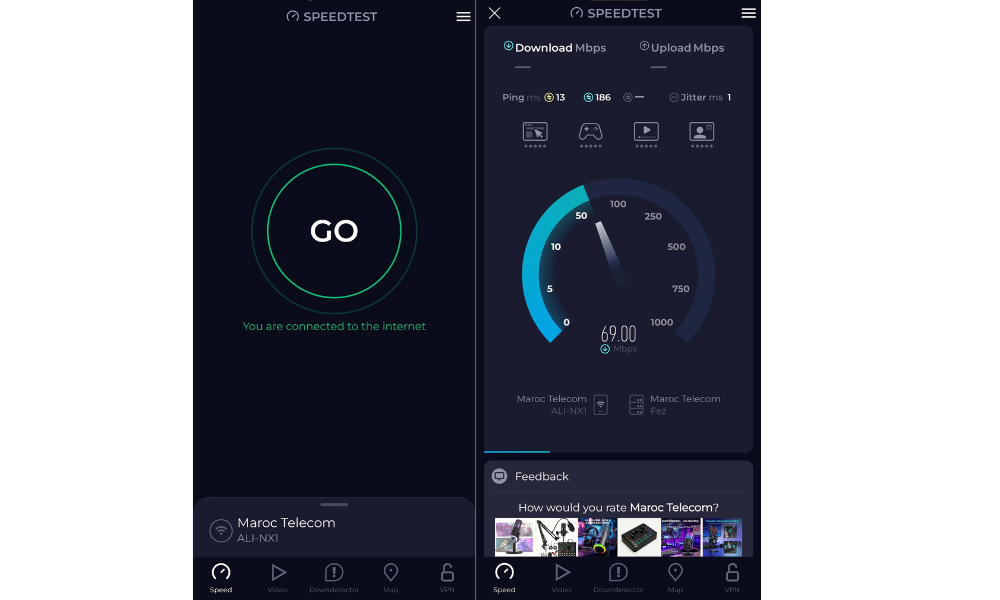 يظهر تطبيق Speedtest سرعة تنزيل تبلغ 69 ميجابايت في الثانية، وزمن استجابة يبلغ 13 مللي ثانية، ومتصل بشبكة اتصالات المغرب.